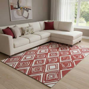 HomeRoots 10' X 14' Red And Ivory Geometric Area Rug - Washable, UV Protected, Durable for High-Traffic Spaces 668445