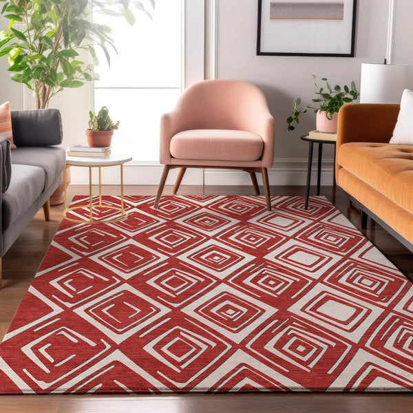 HomeRoots 10' X 14' Red And Ivory Geometric Area Rug - Washable, UV Protected, Durable for High-Traffic Spaces 668445