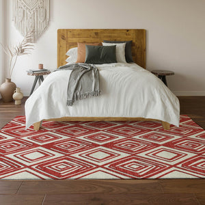 HomeRoots 10' X 14' Red And Ivory Geometric Area Rug - Washable, UV Protected, Durable for High-Traffic Spaces 668445