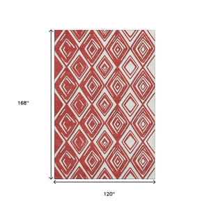 HomeRoots 10' X 14' Red And Ivory Geometric Area Rug - Washable, UV Protected, Durable for High-Traffic Spaces 668445