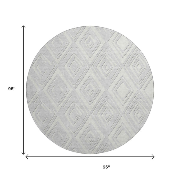HomeRoots 8' Silver and Ivory Geometric Round Rug - Washable, UV-Protected, Durable for High-Traffic Areas 668448