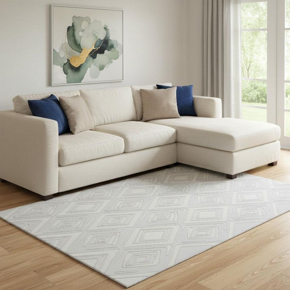 HomeRoots 9' X 12' Silver & Ivory Geometric Washable Area Rug – Stylish, Durable, UV-Protected for High-Traffic Spaces 668450