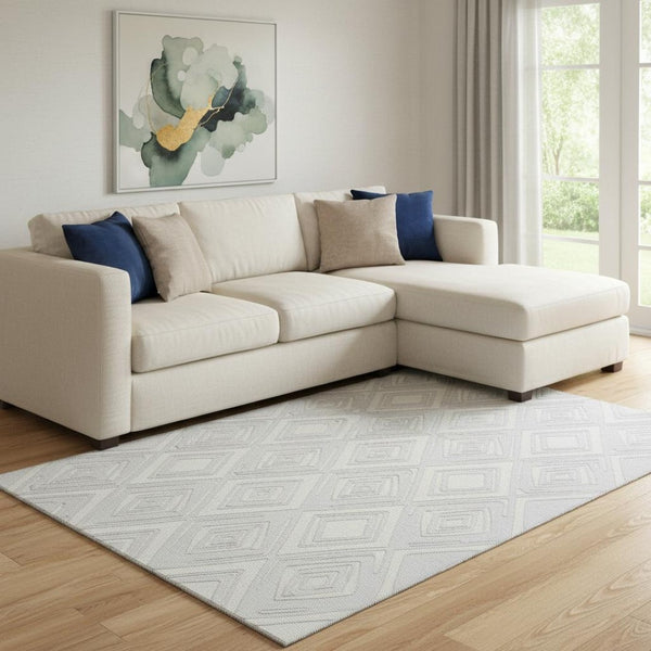 HomeRoots 9' X 12' Silver & Ivory Geometric Washable Area Rug – Stylish, Durable, UV-Protected for High-Traffic Spaces 668450