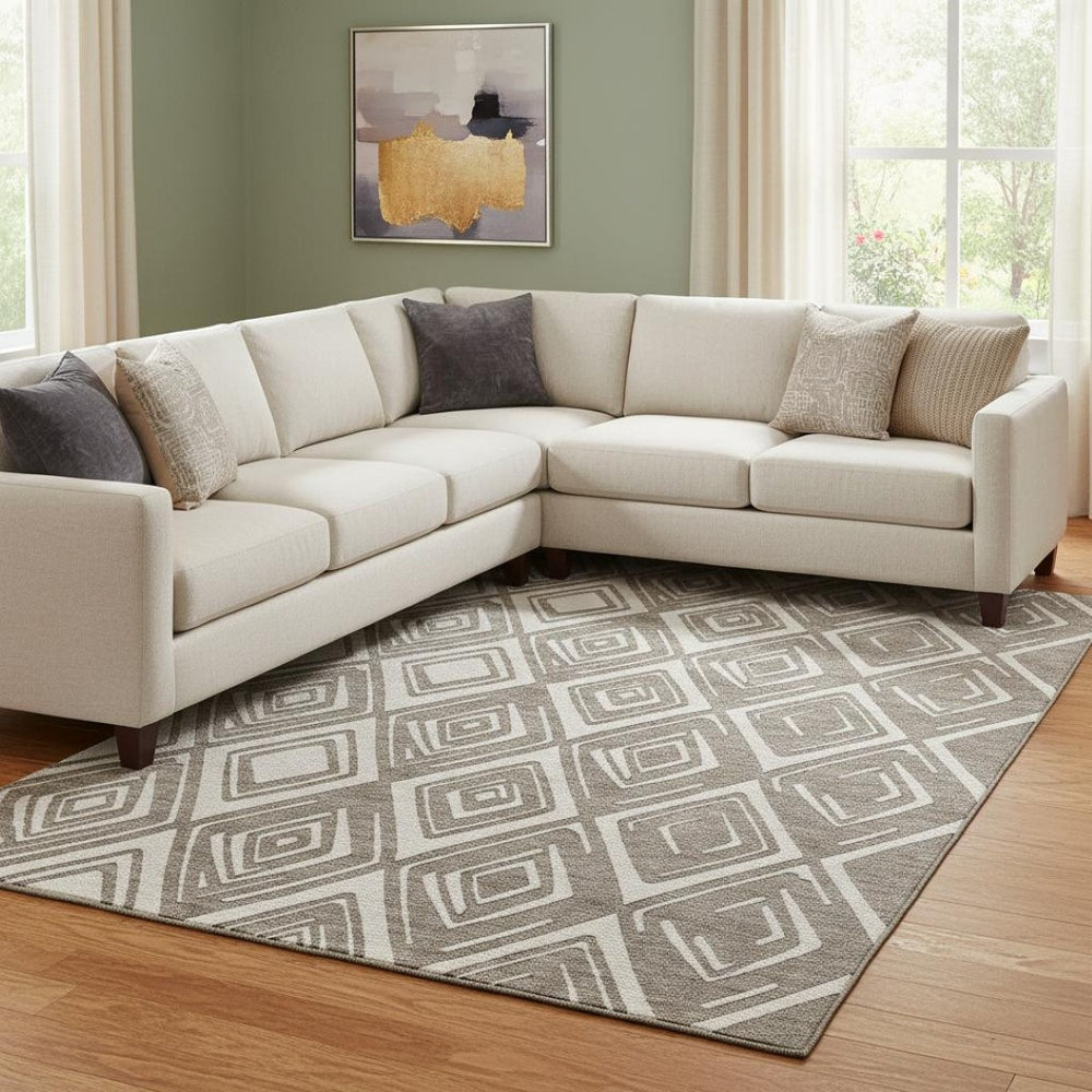 HomeRoots 9' X 12' Taupe & Beige Geometric Washable Area Rug - Stylish, Durable, & UV Protected for Homes! 668456