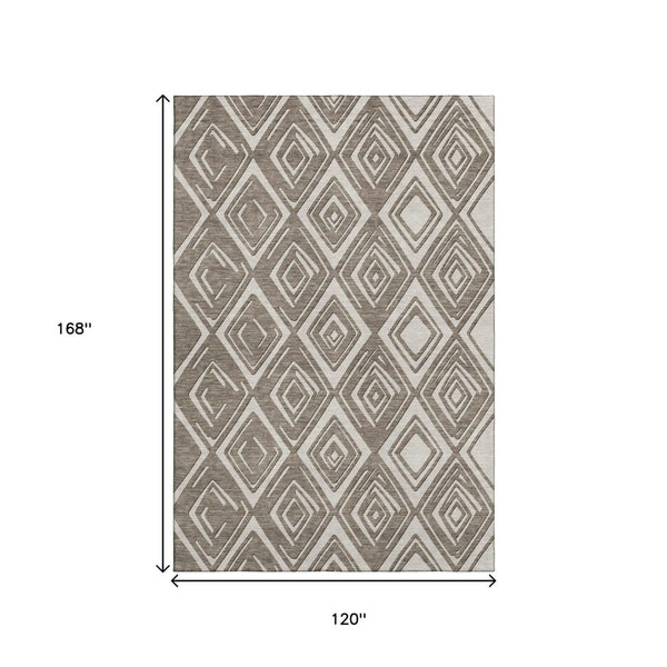 HomeRoots 10' X 14' Taupe & Beige Geometric Washable Area Rug – Stain Resistant, UV Protected, Durable Design 668457