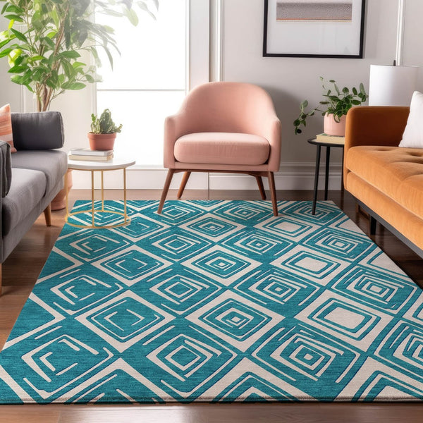 HomeRoots 5' X 8' Teal and Ivory Geometric Area Rug – Washable, UV-Protected, Stylish & Pet-Friendly Design! 668459