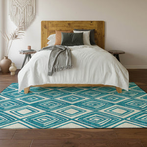 HomeRoots 5' X 8' Teal and Ivory Geometric Area Rug – Washable, UV-Protected, Stylish & Pet-Friendly Design! 668459