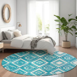 HomeRoots 8' Teal And Ivory Geometric Round Rug - Washable, Durable, UV Protected, Perfect for Busy Homes! 668460