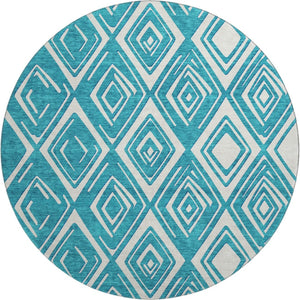 HomeRoots 8' Teal And Ivory Geometric Round Rug - Washable, Durable, UV Protected, Perfect for Busy Homes! 668460