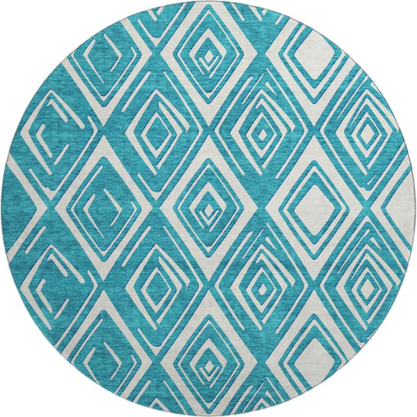 HomeRoots 8' Teal And Ivory Geometric Round Rug - Washable, Durable, UV Protected, Perfect for Busy Homes! 668460