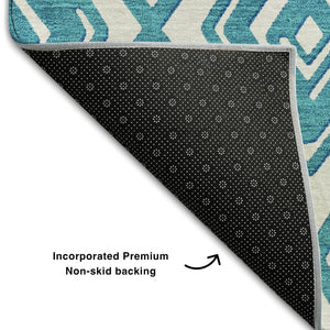 HomeRoots 8' Teal And Ivory Geometric Round Rug - Washable, Durable, UV Protected, Perfect for Busy Homes! 668460