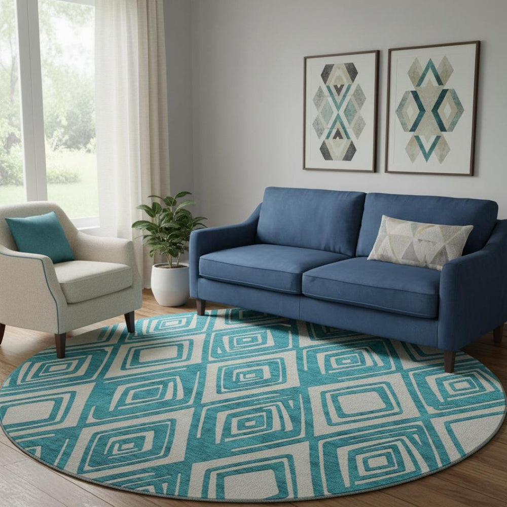HomeRoots 8' Teal And Ivory Geometric Round Rug - Washable, Durable, UV Protected, Perfect for Busy Homes! 668460
