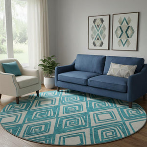 HomeRoots 8' Teal And Ivory Geometric Round Rug - Washable, Durable, UV Protected, Perfect for Busy Homes! 668460
