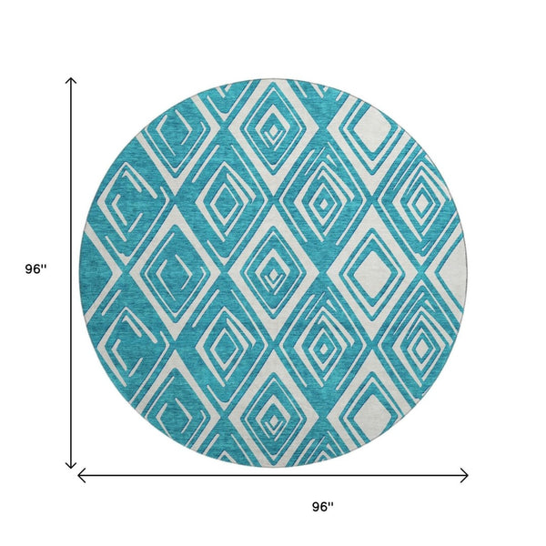 HomeRoots 8' Teal And Ivory Geometric Round Rug - Washable, Durable, UV Protected, Perfect for Busy Homes! 668460