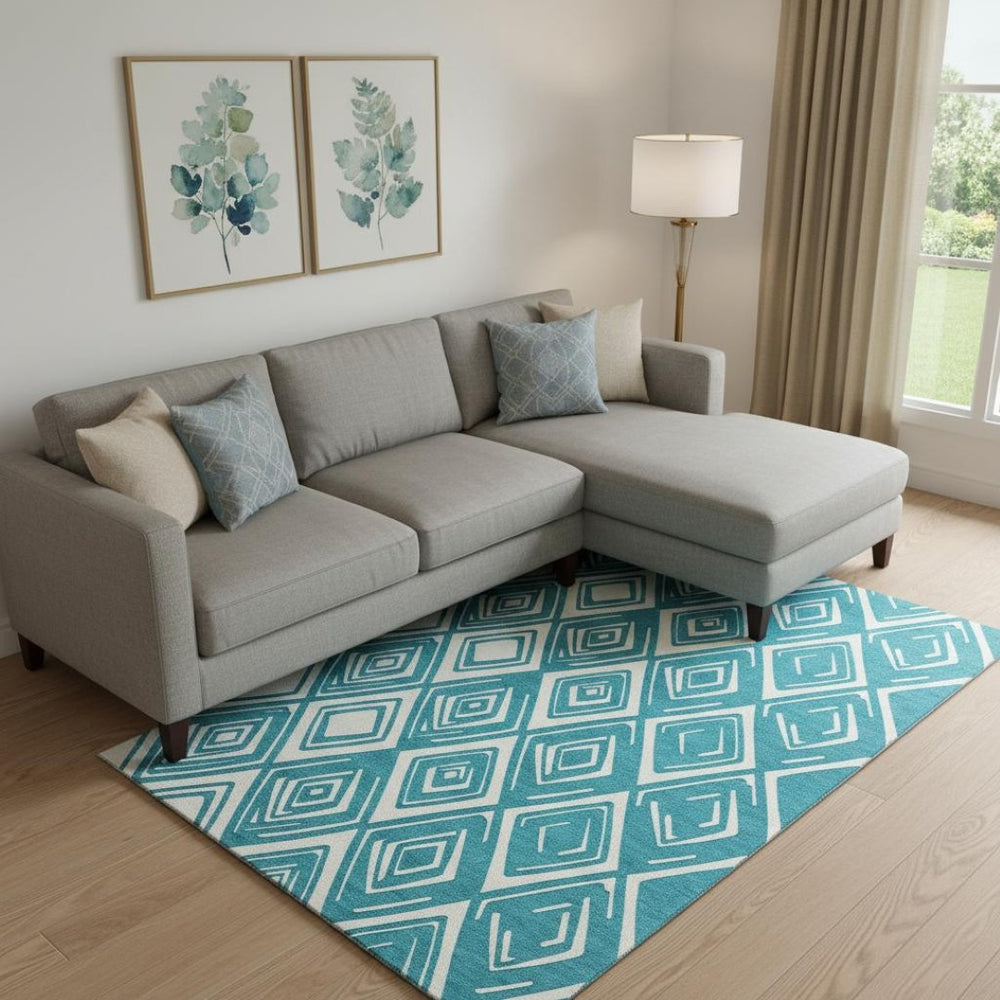 HomeRoots 8' X 10' Teal and Ivory Geometric Area Rug - Washable, UV Protected, Durable for Busy Homes & Style 668461
