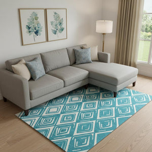 HomeRoots 8' X 10' Teal and Ivory Geometric Area Rug - Washable, UV Protected, Durable for Busy Homes & Style 668461