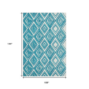 HomeRoots 9' X 12' Teal and Ivory Geometric Area Rug - Washable, UV Protected, Stain Resistant for Easy Care 668462