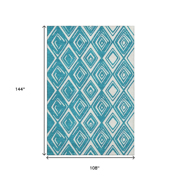 HomeRoots 9' X 12' Teal and Ivory Geometric Area Rug - Washable, UV Protected, Stain Resistant for Easy Care 668462