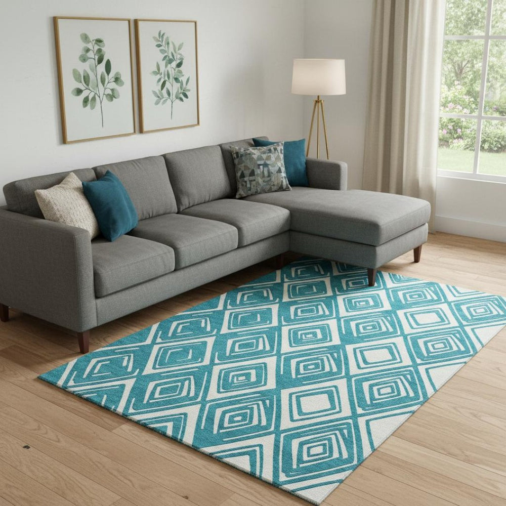 HomeRoots 9' X 12' Teal and Ivory Geometric Area Rug - Washable, UV Protected, Stain Resistant for Easy Care 668462