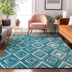 HomeRoots 9' X 12' Teal and Ivory Geometric Area Rug - Washable, UV Protected, Stain Resistant for Easy Care 668462