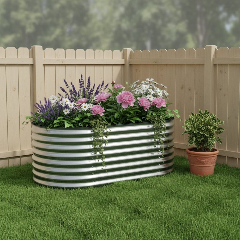 HomeRoots 32" Stylish Silver Metal Oval Raised Garden Bed for Comfortable Gardening and Improved Plant Growth 668464