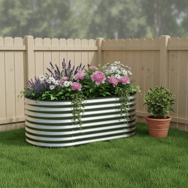 HomeRoots 32" Stylish Silver Metal Oval Raised Garden Bed for Comfortable Gardening and Improved Plant Growth 668464