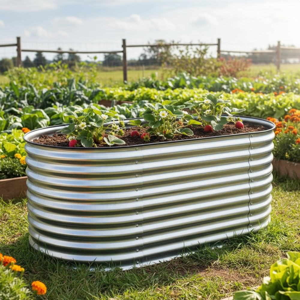 HomeRoots 32" Stylish Silver Metal Oval Raised Garden Bed for Comfortable Gardening and Improved Plant Growth 668464