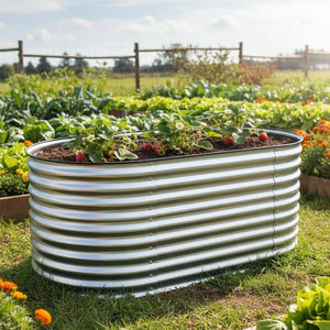 HomeRoots 32" Stylish Silver Metal Oval Raised Garden Bed for Comfortable Gardening and Improved Plant Growth 668464