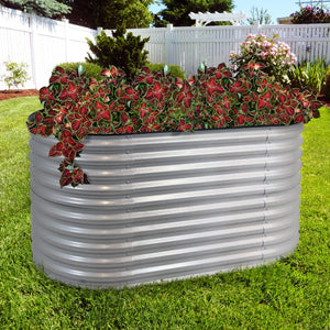 HomeRoots 32" Stylish Silver Metal Oval Raised Garden Bed for Comfortable Gardening and Improved Plant Growth 668464
