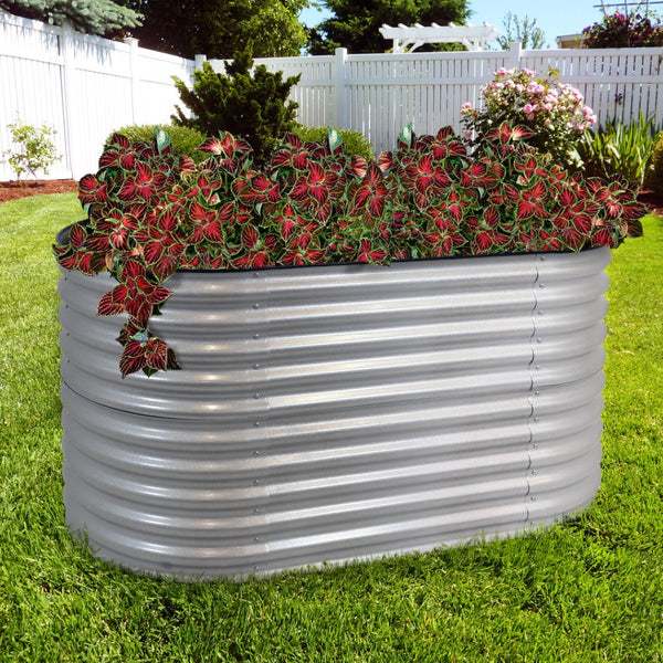 HomeRoots 32" Stylish Silver Metal Oval Raised Garden Bed for Comfortable Gardening and Improved Plant Growth 668464