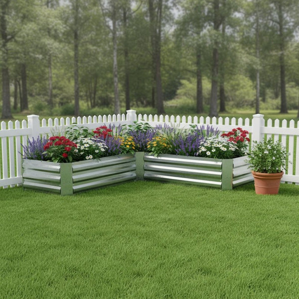 HomeRoots 12" Stylish L-Shaped Silver Steel Raised Garden Bed for Easy Planting & Modern Outdoor Aesthetics 668468