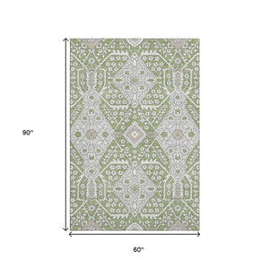 HomeRoots 5' Washable Floral Area Rug in Artichoke Green, Ivory & Gray - Durable, UV-Protected & Stylish! 668473