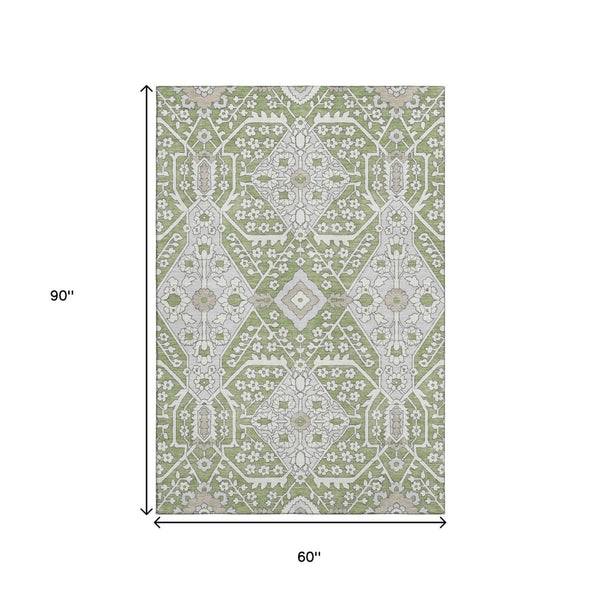 HomeRoots 5' Washable Floral Area Rug in Artichoke Green, Ivory & Gray - Durable, UV-Protected & Stylish! 668473