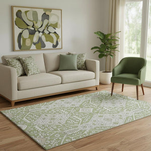 HomeRoots 5' Washable Floral Area Rug in Artichoke Green, Ivory & Gray - Durable, UV-Protected & Stylish! 668473