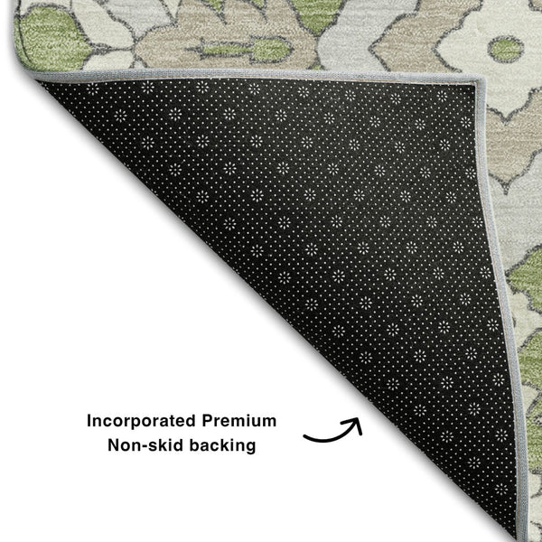 HomeRoots 5' Washable Floral Area Rug in Artichoke Green, Ivory & Gray - Durable, UV-Protected & Stylish! 668473