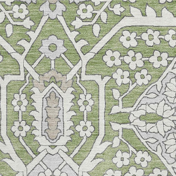HomeRoots 5' Washable Floral Area Rug in Artichoke Green, Ivory & Gray - Durable, UV-Protected & Stylish! 668473