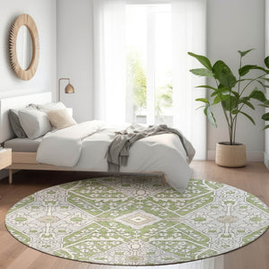 HomeRoots 8' Stylish Artichoke Green Floral Round Rug – Washable, UV Protected, Perfect for Family Spaces! 668474