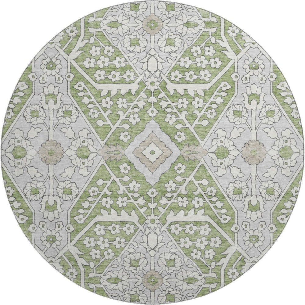HomeRoots 8' Stylish Artichoke Green Floral Round Rug – Washable, UV Protected, Perfect for Family Spaces! 668474