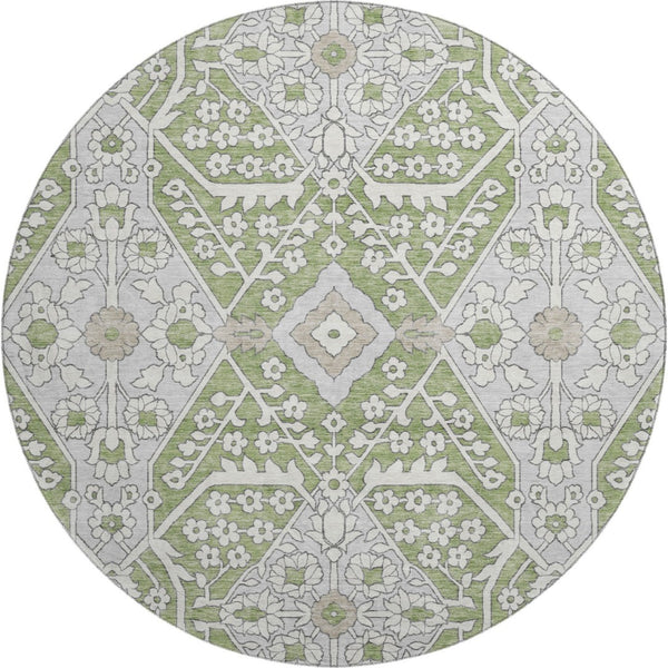 HomeRoots 8' Stylish Artichoke Green Floral Round Rug – Washable, UV Protected, Perfect for Family Spaces! 668474