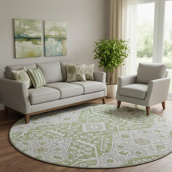 HomeRoots 8' Stylish Artichoke Green Floral Round Rug – Washable, UV Protected, Perfect for Family Spaces! 668474