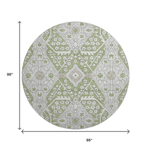HomeRoots 8' Stylish Artichoke Green Floral Round Rug – Washable, UV Protected, Perfect for Family Spaces! 668474