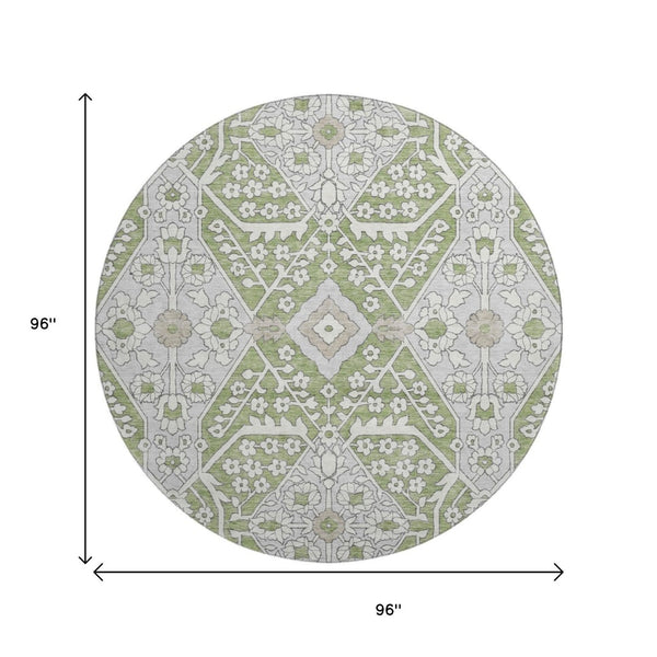 HomeRoots 8' Stylish Artichoke Green Floral Round Rug – Washable, UV Protected, Perfect for Family Spaces! 668474