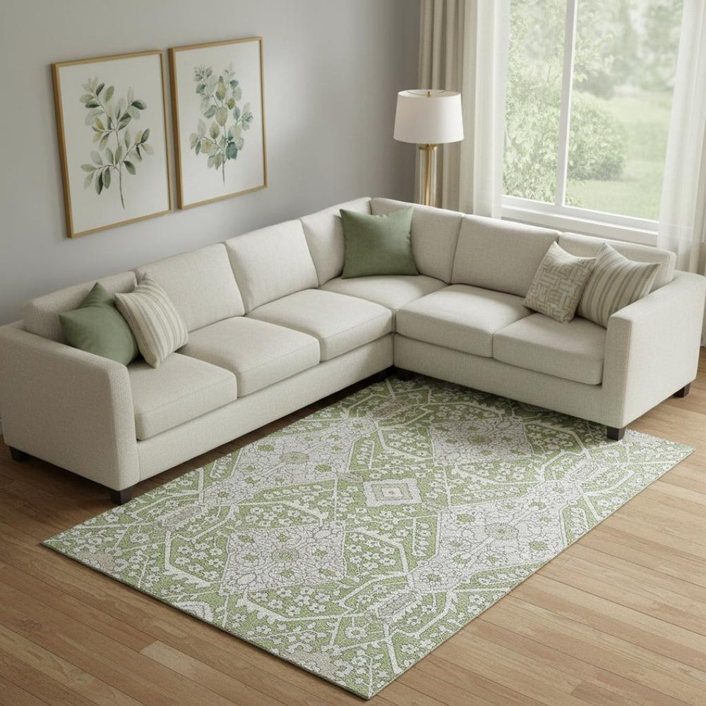 HomeRoots 8' X 10' Washable Floral Area Rug in Artichoke Green, Ivory & Gray - Durable, UV Protected & Stylish 668475
