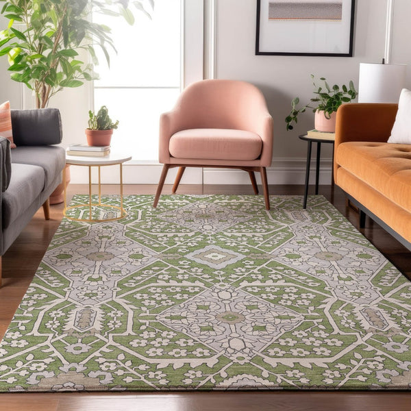 HomeRoots 9' X 12' Floral Area Rug in Artichoke Green, Ivory & Gray – Washable, UV-Protected, Durable Design 668476