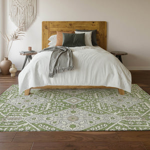 HomeRoots 9' X 12' Floral Area Rug in Artichoke Green, Ivory & Gray – Washable, UV-Protected, Durable Design 668476