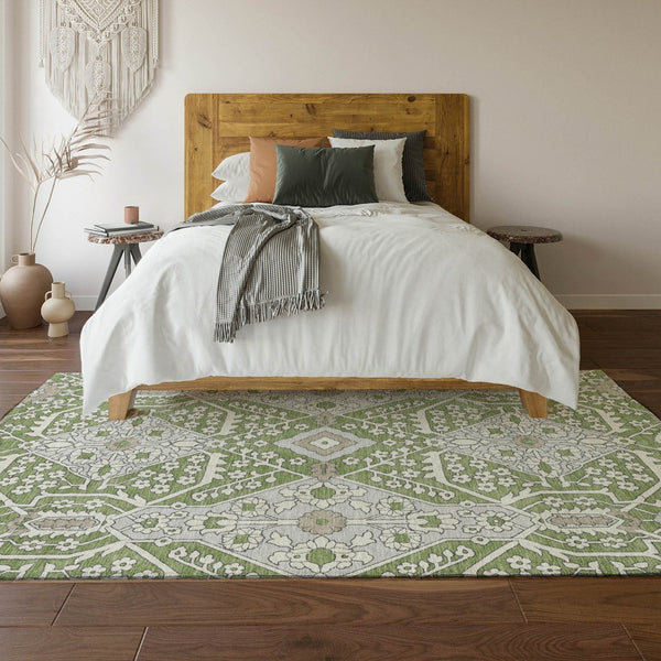 HomeRoots 9' X 12' Floral Area Rug in Artichoke Green, Ivory & Gray – Washable, UV-Protected, Durable Design 668476