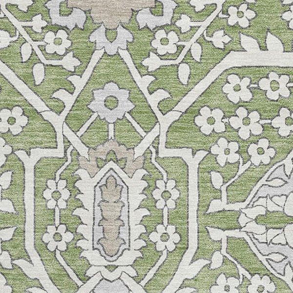 HomeRoots 9' X 12' Floral Area Rug in Artichoke Green, Ivory & Gray – Washable, UV-Protected, Durable Design 668476