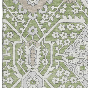 HomeRoots 9' X 12' Floral Area Rug in Artichoke Green, Ivory & Gray – Washable, UV-Protected, Durable Design 668476