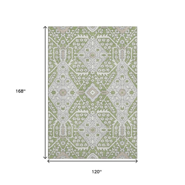 HomeRoots 10' X 14' Artichoke Green Floral Area Rug - Washable, UV-Protected, Stylish & Stain Resistant for Homes 668477