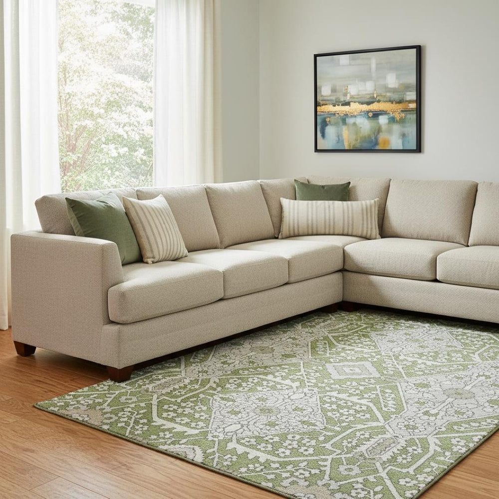 HomeRoots 10' X 14' Artichoke Green Floral Area Rug - Washable, UV-Protected, Stylish & Stain Resistant for Homes 668477